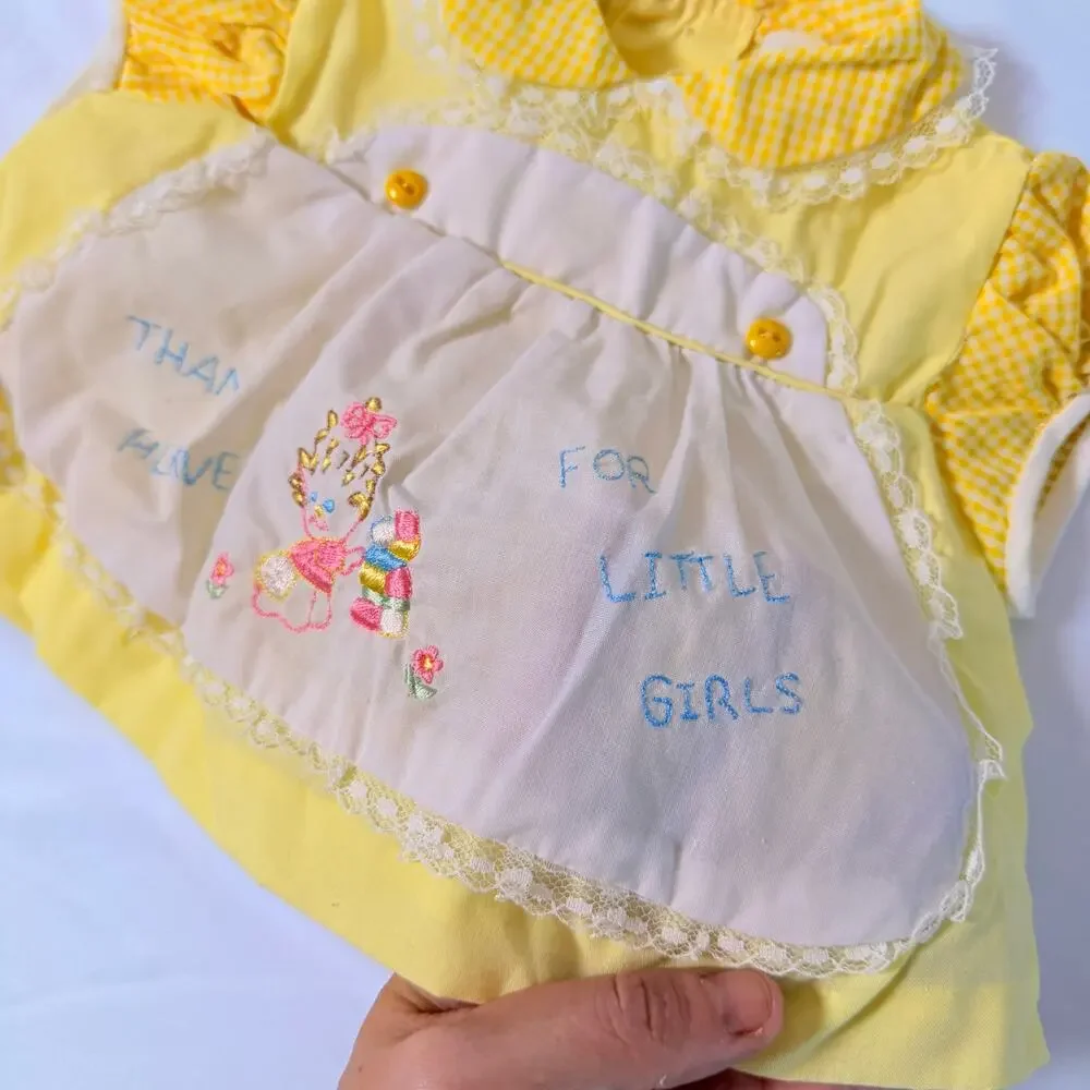 Vintage 70s Cradle Togs Thank Heaven For Little Girls Yellow Pinafore Dress 0-6m